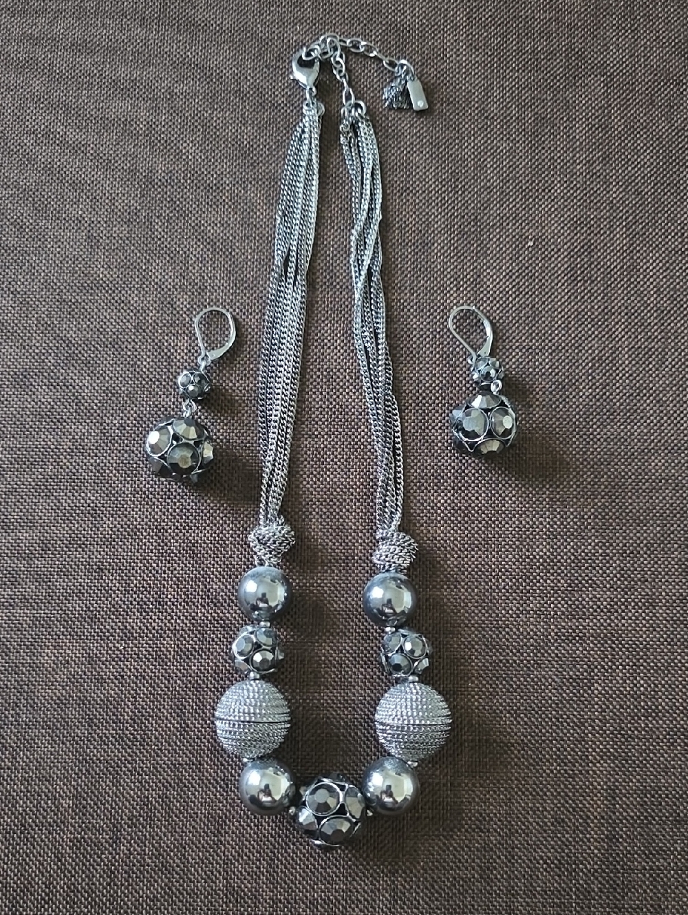 Silver Bead Multi-Strand Necklace & Earrings Set - Women Jewelry
